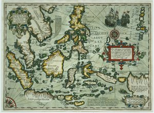 Mapa Indii Wschodnich, wyd. 1635 w Amsterdamie (ręcznie barwiony grawerunek)