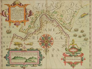 Mapa cieśniny Magellana w Patagonii z pubu Mercator Atlas. Jodocus Hondius (1563-1612) Amsterdam, 1606
