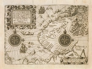 Mapa nowo odkrytej Nova Zembla, ilustracja z Diarium Nauticum, czyli prawdziwy opis trzech godnych podziwu rejsów...