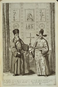 Matteo Ricci (1552-1610) i Paulus Li, z Chin Ilustrowany przez Athanasius Kircher (1601-80) 1667 autorstwa Dutch School