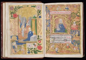 Ms 144, ff.13v-14r: Zwiastowanie i Dziewica z Dzieciątkiem, miniatury z Księgi Godzin, Korzystanie z Utrechtu, ok. 1500-20 (złoty liść i złoty i kolorowy tusz na pergaminie) autorstwa Dutch School