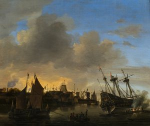 Liczne statki w holenderskim porcie autorstwa Dutch School