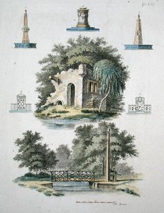 Ozdobne elementy ogrodu, z „Magazine of Garden Gems” G. van Laara, opublikowane 1802 (kolor lito) autorstwa Dutch School