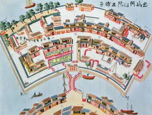 Plan holenderskiej fabryki na wyspie Desima w Nangasaki, z Illustrations of Japan Isaaca Titsingha (ok. 1740-1812), opublikowany w Londynie, 1822 autorstwa Dutch School