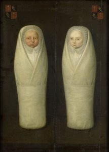 Portret bliźniaków w powijakach: wcześnie zmarłe dzieci Jacoba de Graeffa i Aeltge Boelens, ok. 1617 autorstwa Dutch School