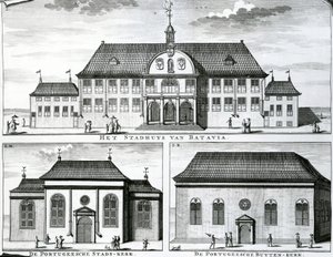 Portugalski Kościół i Ratusz w Batawii, XIX w., autorstwa Dutch School