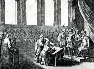 Ptolemeusz Filadelfus, król Egiptu, wzywa 72 mężczyzn z Judei, aby przetłumaczyli prawo żydowskie na język grecki, ok. 1700 r.