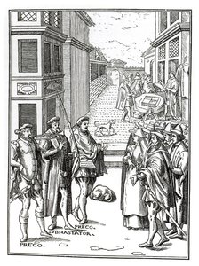 Sprzedaż przez Town Crier, według drzeworytu w Praxis Rerum Civilium Joosa de Damhoudera (1507-81) opublikowanego w Antwerpii, 1557 autorstwa Dutch School