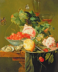 Martwa natura z róż, ostryg, truskawek w porcelanowej misce i innych owoców na cynowym wyrobie, c.1820