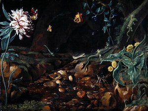 Strumień w dolinie z kwiatami i gadami (olej na płótnie) autorstwa Dutch School