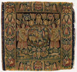 Gobelin, Samson i lew w okrągle zawieszony na dwóch aniołach, wykonany w Amsterdamie w Holandii lub Hamburgu w Niemczech, początek XVII w. (wełna) autorstwa Dutch School