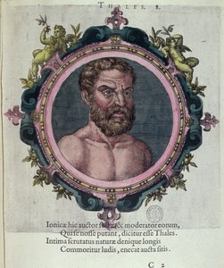 Tales z Miletu (ok. 625-547 pne), ilustracja ze starożytnej i najnowszej fizyki i ikon filozofów autorstwa Johannesa Sambucusa (1531-1584), opublikowana przez Plantina w Antwerpii 1574 (kolorowe grawerowanie) autorstwa Dutch School