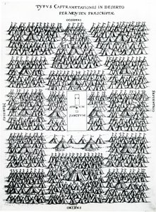 Obozowisko Izraelitów na pustyni z namiotami Mojżesza i Aarona, pośrodku Sacred Hearth (Atrium Sanctum), opublikowane w Holandii, ok. 1625 (rycina autorstwa Dutch School