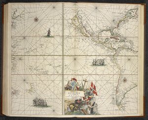 Ocean Spokojny, z „Wielkiego nowego rozszerzonego atlasu morskiego lub wodnego świata. Pokazuje z westchnieniem wszystkie morskie wybrzeża ziemi...”, Claas Jansz Vooght autorstwa Dutch School