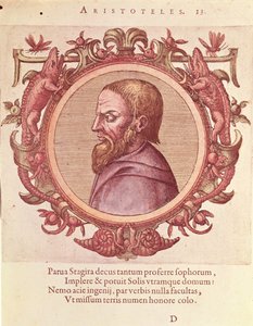 Filozof Arystoteles (384-322 pne), ilustracja ze starożytnej i najnowszej fizyki i ikon filozofów autorstwa Johannesa Sambucusa (1531-1584), opublikowana przez Plantina w Antwerpii 1574 (kolorowe grawerowanie autorstwa Dutch School