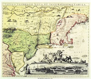 Mapa Restitutio-Allardt Nowego Amsterdamu, wygrawerowana i opublikowana. autorstwa Carolusa Allardta, 1673 (rycina miedzi)