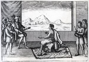 Spotkanie królowej Nzingi z Ndongo i Joao Correi de Sousy, portugalskiego gubernatora Luandy w 1622 r. (rycina) autorstwa Dutch School