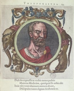Teofrast (ok. 372-287 pne), ilustracja ze starej i niedawnej fizyki i filozofów autorstwa Johannesa Sambucusa (1531-84), opublikowana przez Plantina w Leyden 1603 (kolor grawerowany) autorstwa Dutch School