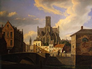 Pejzaż miejski z kanałem, mostem, schodami i figurami, za nim średniowieczny kościół i wieża ratusza (olej na papierze nałożony na karton) autorstwa Dutch School