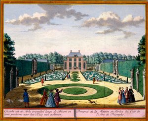 Widok domu i ogrodu w pobliżu łuku triumfalnego, z Het Zeganpralent Kennemerlant autorstwa Hendricka de Letha i Matthiasa Broueriusa Van Nidka, opublikowany ok. 1700-30 autorstwa Dutch School