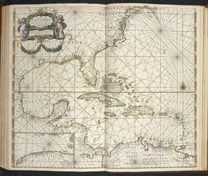 Indie Zachodnie, z „The Great New Augmented Sea Atlas or Water World. Pokazuje z westchnieniem wszystkie morskie wybrzeża ziemi...”, Claas Jansz Vooght autorstwa Dutch School