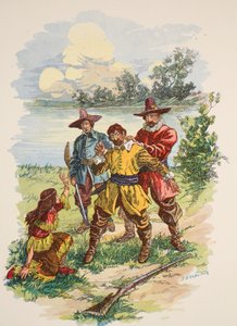 Chwycił go za tył kołnierza, ilustracja z „Pocahontas: Księżniczka lasu” Edwarda S. Ellisa, wyd. Bracia McLoughlin, Nowy Jork, ok. 1912 r. autorstwa E.B. Comstock