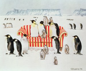Pingwiny na czerwono-białej sofie, 1994 (akryl)