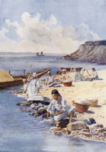 Koreanki piorące ubrania w rzece (kolor lito) autorstwa E.H. Fitchew