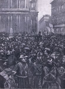 CIV maszerujące w dół Ludgate Hill, w drodze do Mansion House do Waterloo Station, ilustracja z Cassells History of England, 1900