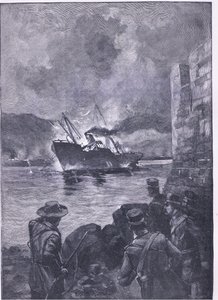 Wojna hiszpańsko-amerykańska: zatonięcie Merrimaka, ilustracja z Cassells History of England, 1900