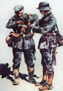 Sanitariusz udziela pierwszej pomocy rannemu oficerowi na froncie zachodnim autorstwa E. (after) Dobrich