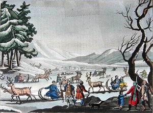 Tungus opuszcza obóz zimowy na saniach ciągniętych przez renifery, ok. 1820 r. (kolorowe grawerowanie) autorstwa E. (after) Karnejeff