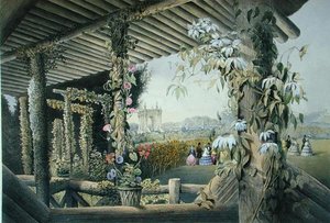 Widok z rustykalnego siedzenia, Shrublands, z „Ogrodów Anglii”, opublikowany 1857 (kolor lito) autorstwa E. Adveno Brooke