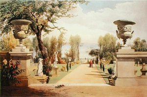 Widok w ogrodach, Westfield House, Isle of Wight, z „Ogrody Anglii”, opublikowane 1857 (chromolitho)