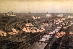 Panorama pożarów w Paryżu podczas Komuny, maj 1871 r. autorstwa E. Daroy
