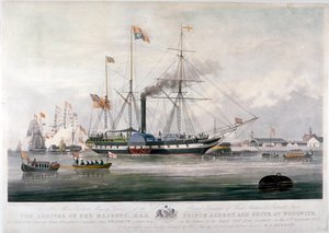 Królowa Wiktoria i Książę Albert przybywają do Królewskiej Stoczni, Woolwich, Kent, 1843 autorstwa E Duncan