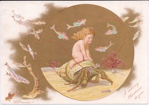 Wiktoriańska kartka bożonarodzeniowa przedstawiająca kraba pustelnika w muszli dosiadanego przez zbiornik wodny otoczony ławicą ryb, Gertrude Thompson, ok. 1895 (kolor litho)