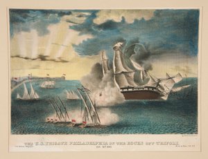 Amerykańska fregata Filadelfia na skałach u wybrzeży Trypolisu (z US Military Magazine Army and Navy, tom II) autorstwa E. J. Pinkerton