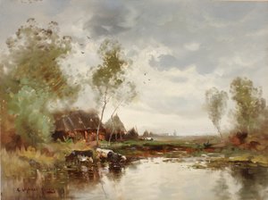 Krajobraz z wiatrakiem, koniec XIX-początek XX wieku. autorstwa E. Landseer Harris