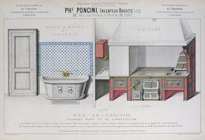Projekty kuchni i łazienek, ilustracja z katalogu „Poncini”, koniec XIX w. (kolor lito) autorstwa E. Le Baron