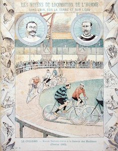 Charles Terront (1857-1932) i Jules Corre w Galerie des Machines w lutym 1893, z podręcznika szkolnego (kolor lito) autorstwa E. Letellier