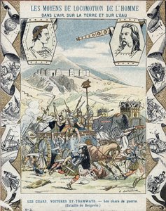 Galijskie rydwany wojenne w bitwie pod Gergowią - Z rękawa ochronnego na podręczniki szkolne, koniec XIX wieku - Tanks de guerre a faux - Vercyngetoryx a la battle de Gergovia (52 pne) podczas wojny Galów - ilustracja E Letellier - Protege notatka