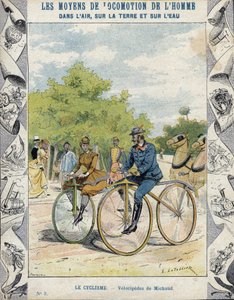 Pierre Michaux i Michaudine velocipedes - Z rękawa ochronnego na podręczniki szkolne, koniec XIX wieku - velocipedes a pedale (les michaudines) autorstwa Pierre Michaux (1813-1883)