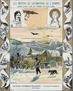 Czołgi transportowe - Hunowie Attyli (ok. 395-453) - Inwazje barbarzyńców - ilustracja E Letellier - Chroni zeszyt historyczny, koniec XIX wieku - autorstwa E. Letellier