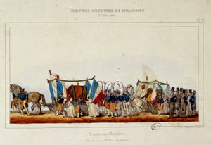 Taniec piwowarów i bednarzy podczas konduktu przemysłowego w Strasburgu 25.06.1840. Litografia Szymona autorstwa E. Simon
