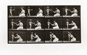 Dziecko niosące bukiet kobiecie, Tablica 465 z Animal Locomotion, 1887 autorstwa Eadweard Muybridge
