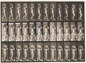 Talerz 123. Opadające nachylenie, 20-funtowy kosz na głowie, z uniesionymi rękami, 1872-1885 autorstwa Eadweard Muybridge