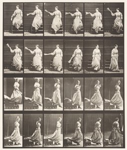 Płyta 140. Zstępujące schody, rozglądając się i machający wachlarzem autorstwa Eadweard Muybridge