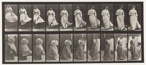 Płyta 142. Zstępujące schody, Złapana obracająca się suknia, 1885 autorstwa Eadweard Muybridge
