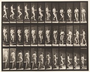 Płyta 144. Schody zstępujące; Obracanie umywalki w rękach autorstwa Eadweard Muybridge